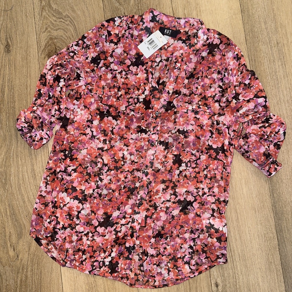 KUT from the Kloth Sheer Blouse Pink Floral Roll Tab Sleeve Women Small Boho NWT